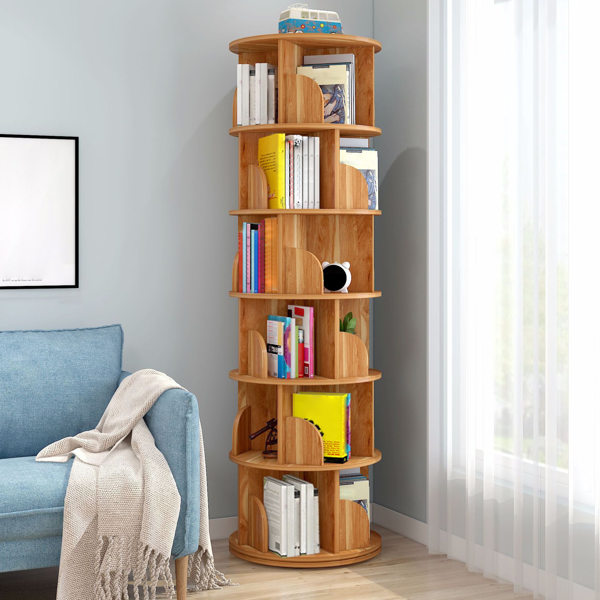 Modern Wooden Rotatable Bookcase Study Room Geometric Bookshelf