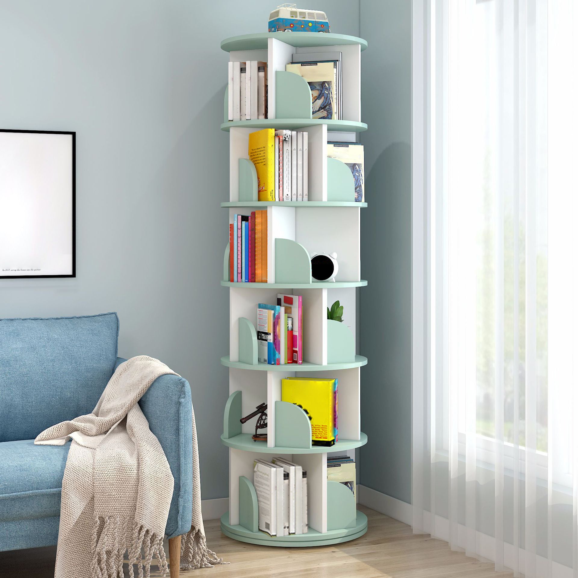 Modern Wooden Rotatable Bookcase Study Room Geometric Bookshelf