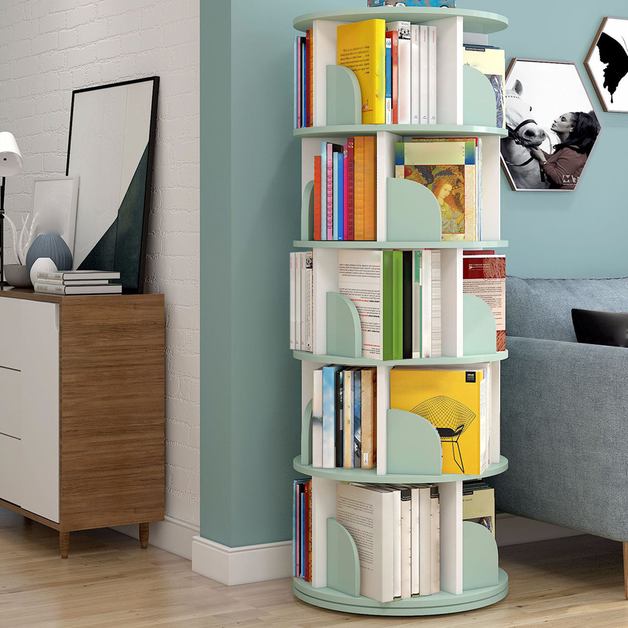 Modern Wooden Rotatable Bookcase Study Room Geometric Bookshelf