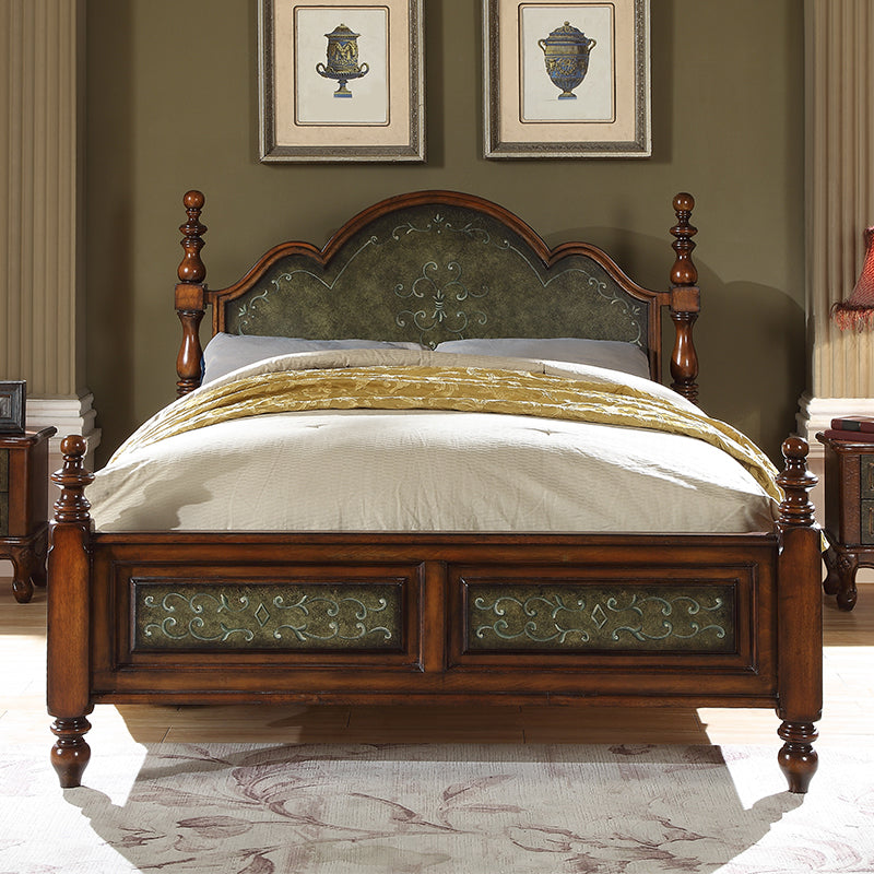 Traditional Wooden Panel Standard Bed, Arched Headboard Bed with Distressed Wood