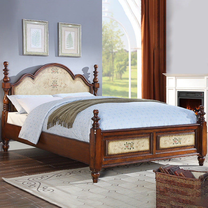 Traditional Wooden Panel Standard Bed, Arched Headboard Bed with Distressed Wood