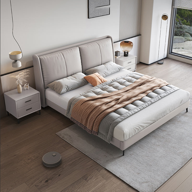 Modern Pine Wood Panel Bed Genuine Leather Bed Frame with Upholstered Headboard