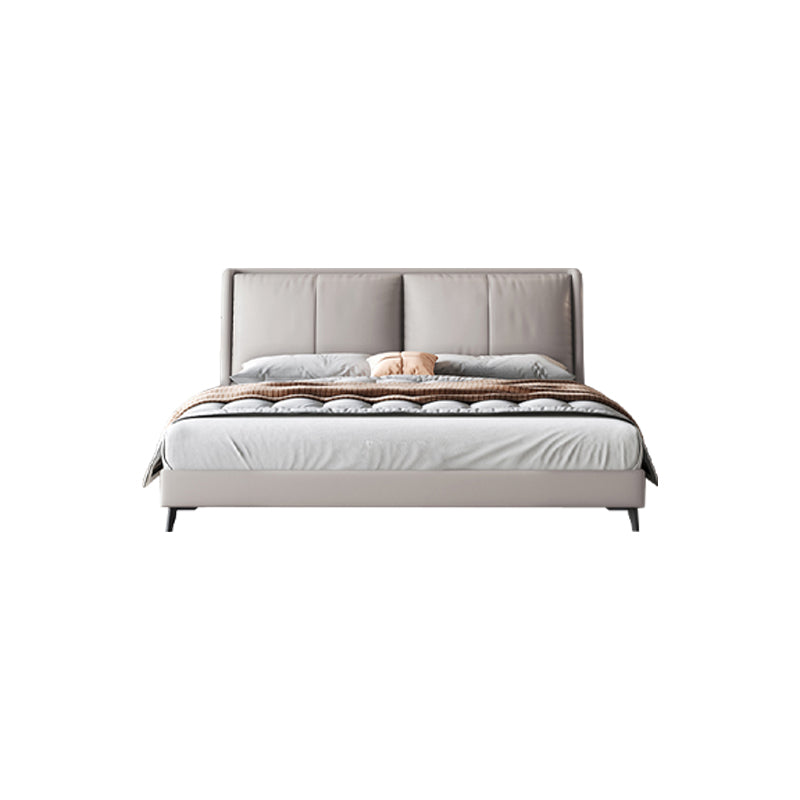 Modern Pine Wood Panel Bed Genuine Leather Bed Frame with Upholstered Headboard