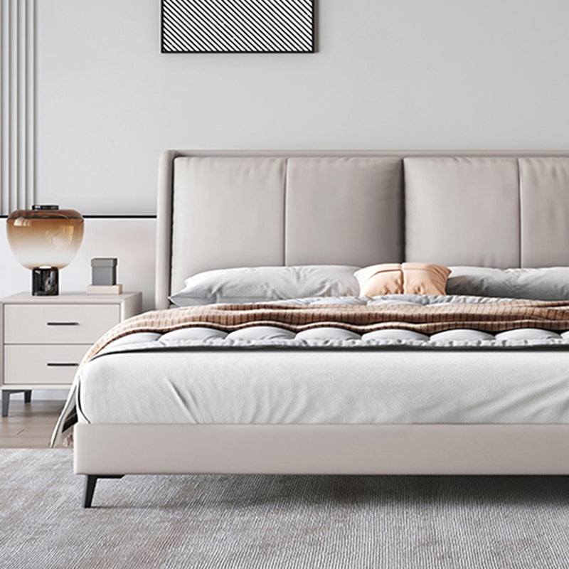 Modern Pine Wood Panel Bed Genuine Leather Bed Frame with Upholstered Headboard