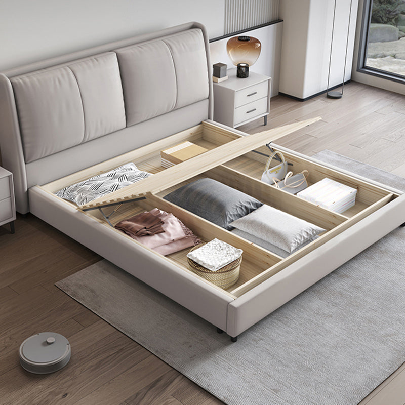 Modern Pine Wood Panel Bed Genuine Leather Bed Frame with Upholstered Headboard