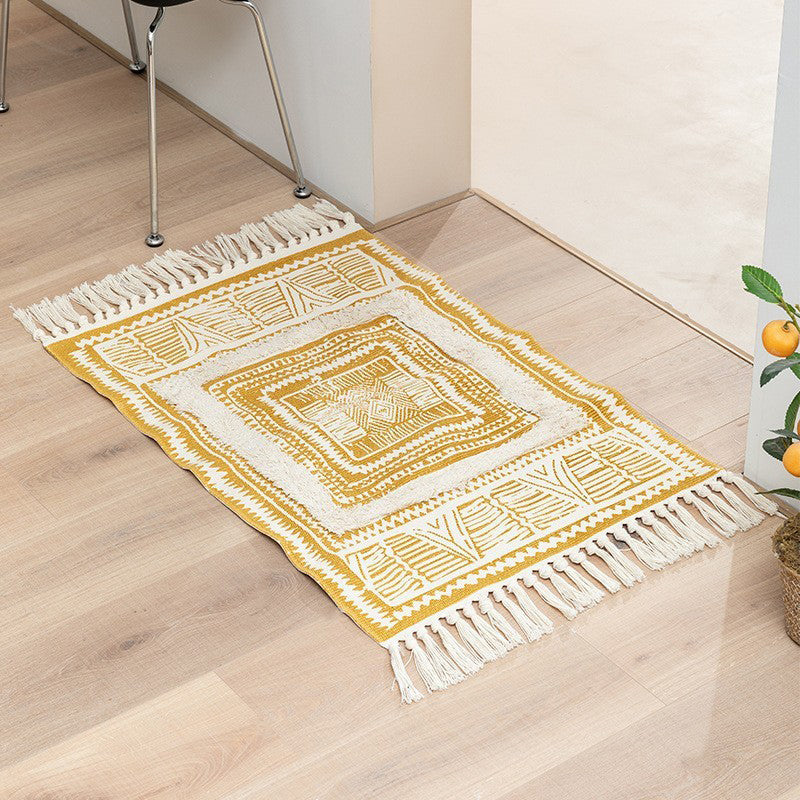 Ethnic Indoor Rug Funky Ameicana Pattern Rug Cotton Blend Washable Carpet with Fringe