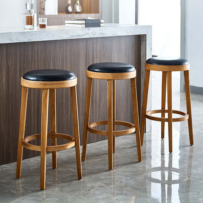 Modern Round Bar Stool Oak Solid Wood Bar Stool with PU Leather