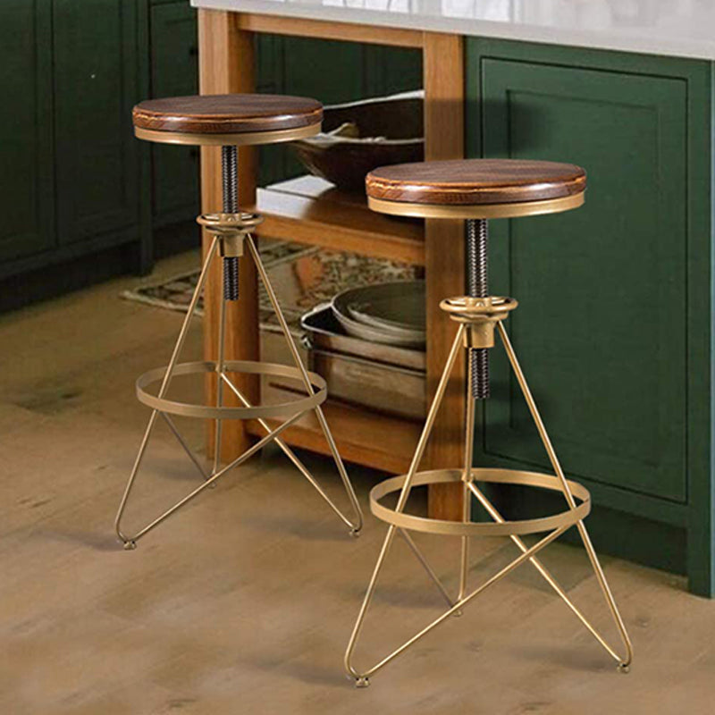 Industrial Adjustable Height Bar Stool Round Solid Wood with Iron Legs