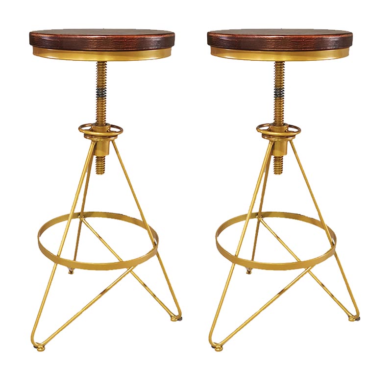Industrial Adjustable Height Bar Stool Round Solid Wood with Iron Legs