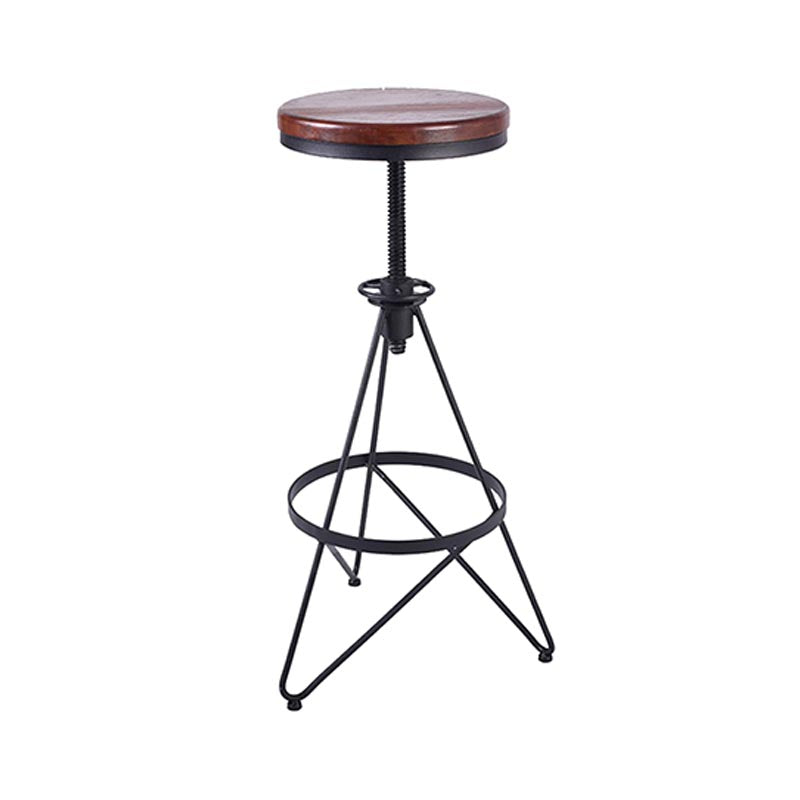 Industrial Adjustable Height Bar Stool Round Solid Wood with Iron Legs