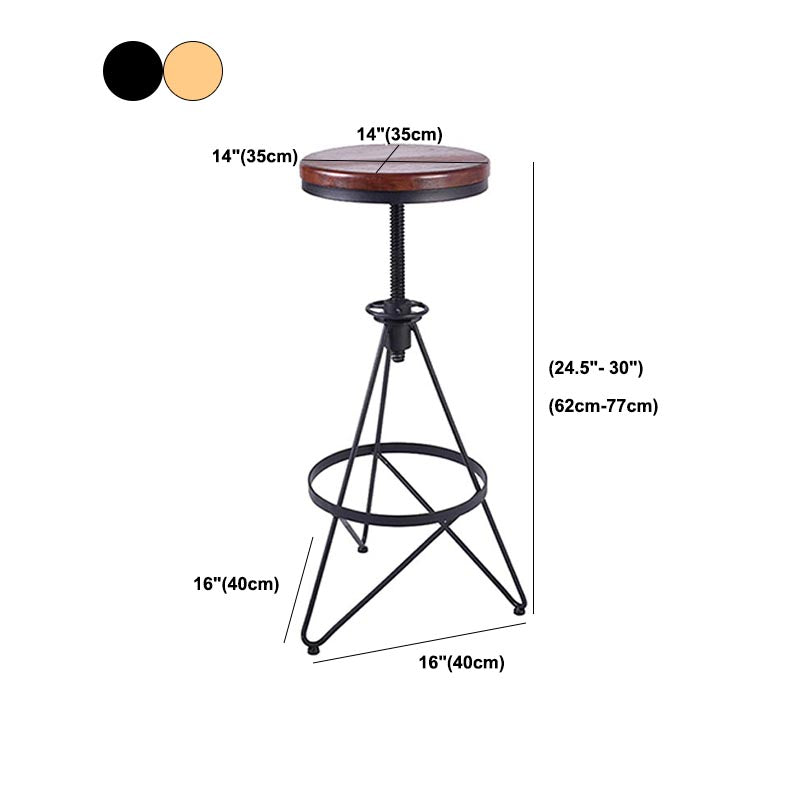 Industrial Adjustable Height Bar Stool Round Solid Wood with Iron Legs