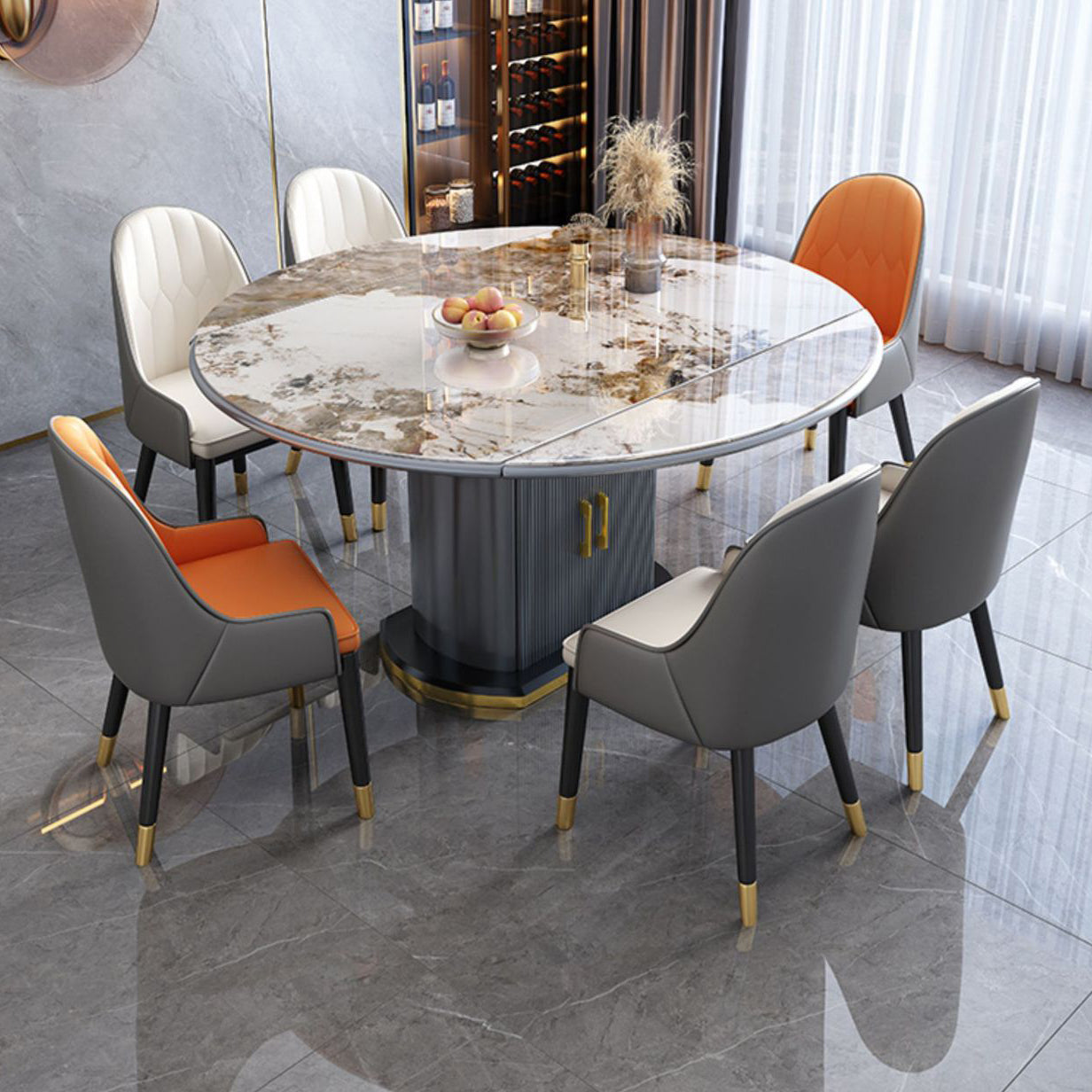 Round Stone Dining Table Traditional Luxury Extendable Dining Table with Pedestal Base