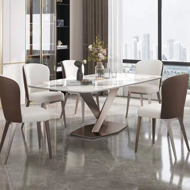 Metal Traditional Luxury Rectangle Table Sintered Stone Top Table with Pedestal