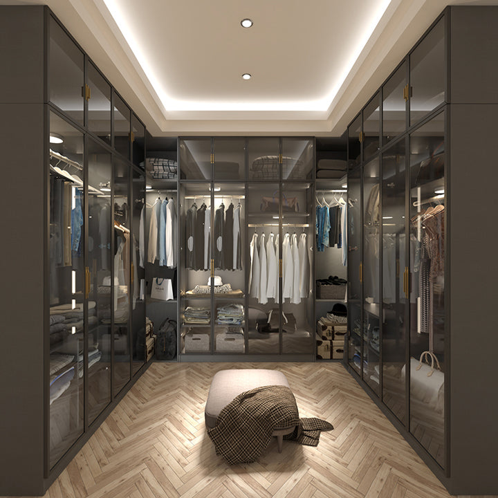 Contemporary Style Glass Wardrobe Grey Colour Wardrobe Closet