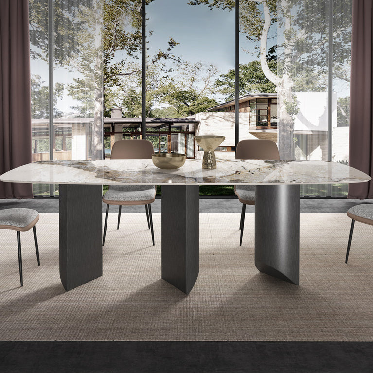 Rectangle Sintered Stone Top Table Modern Grey Metal Base Table