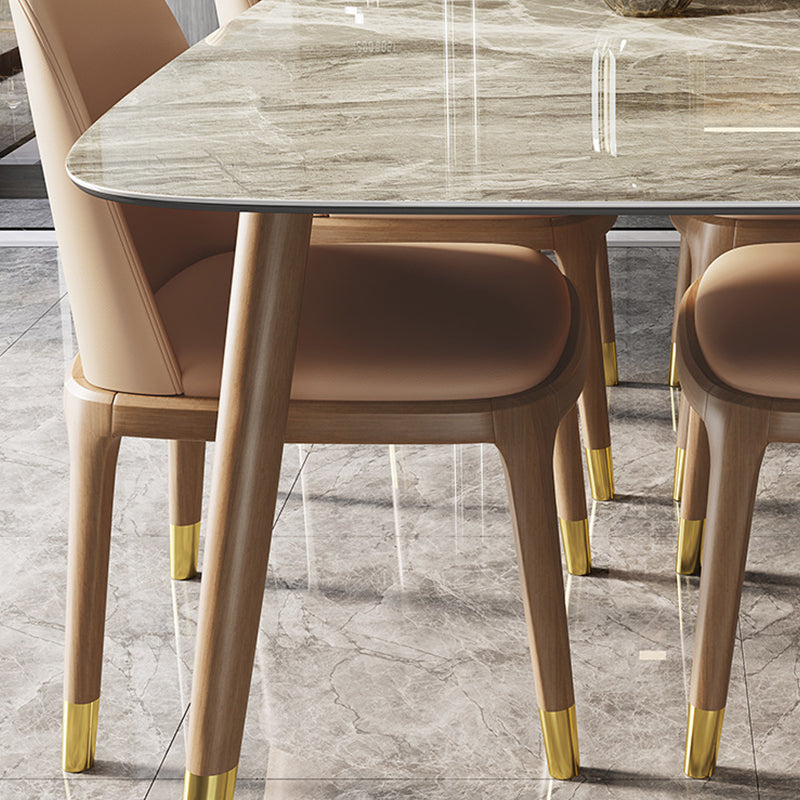 Gray Stone Top Dining Table Mid-Century Modern Dining Table with 4 Wood Legs