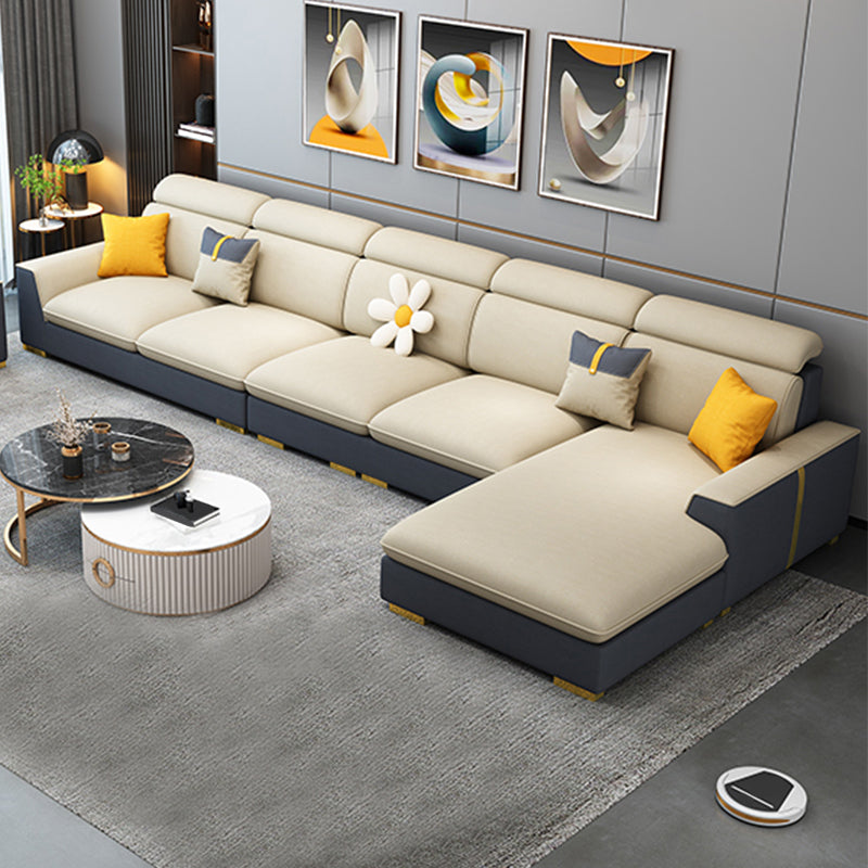 Nordic Grey and Beige Sofa Faux Leather Square Sewn Pillow Back Sofa