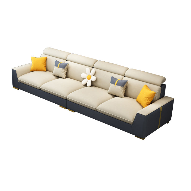 Nordic Grey and Beige Sofa Faux Leather Square Sewn Pillow Back Sofa