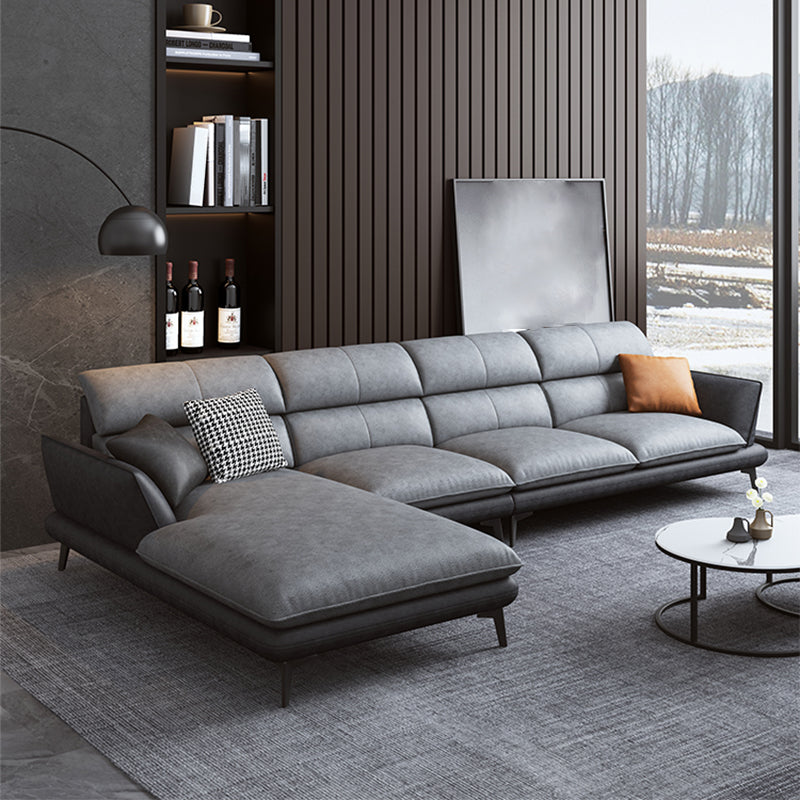 Flared Arm Sofa & Chaise Modern Faux Leather Sofa in Dark Grey