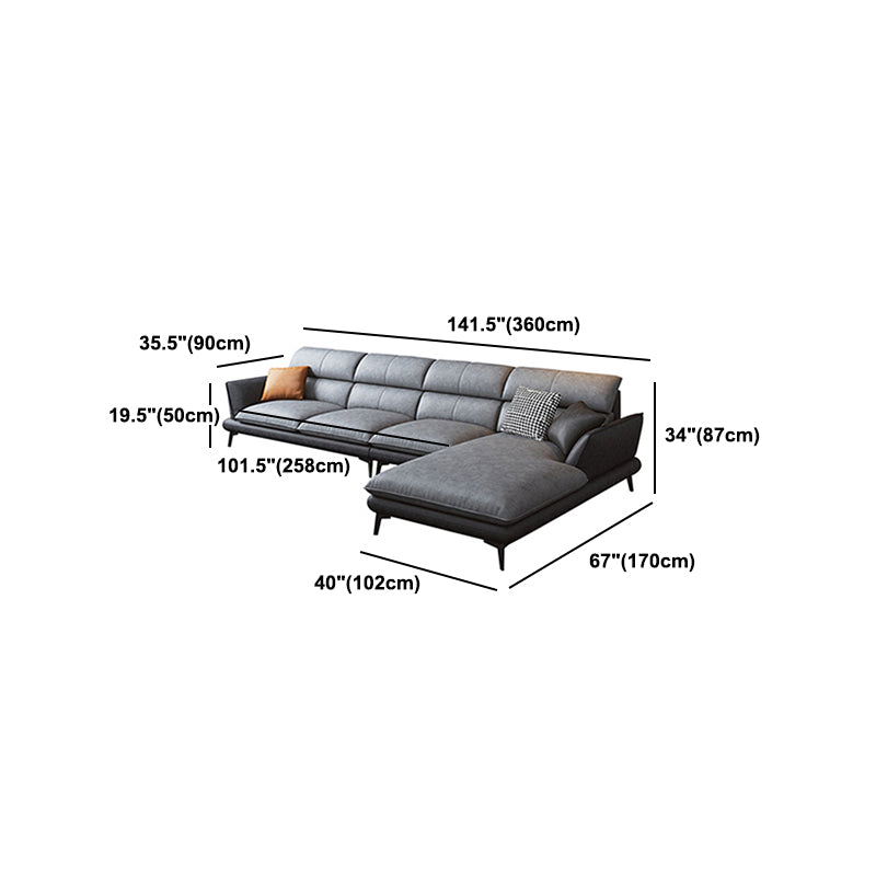 Flared Arm Sofa & Chaise Modern Faux Leather Sofa in Dark Grey