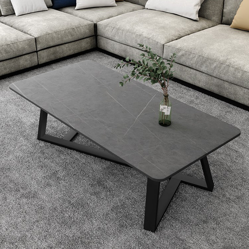 Glam Stone Coffee Table with Black Steel Base and Rectangle Top