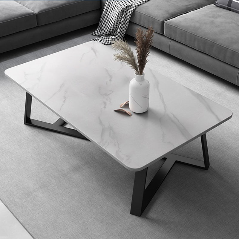Glam Stone Coffee Table with Black Steel Base and Rectangle Top