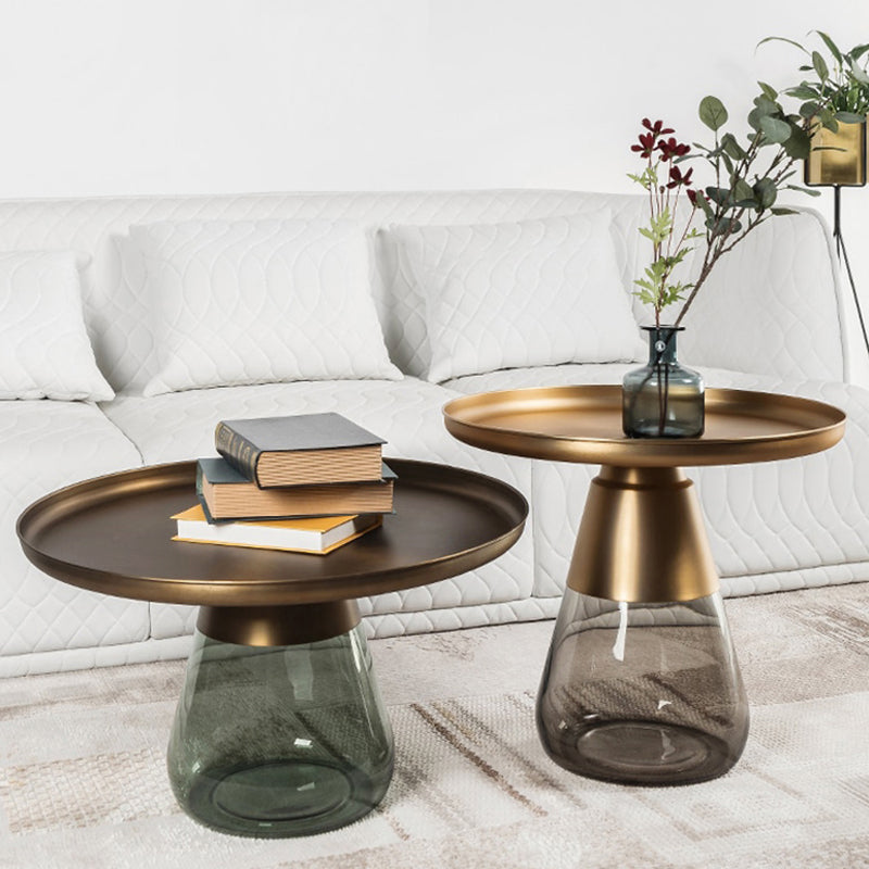 Mid-century Modern Style Round Metal Table with Glass Monopod Base Coffee Table