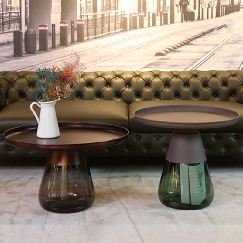 Mid-century Modern Style Round Metal Table with Glass Monopod Base Coffee Table