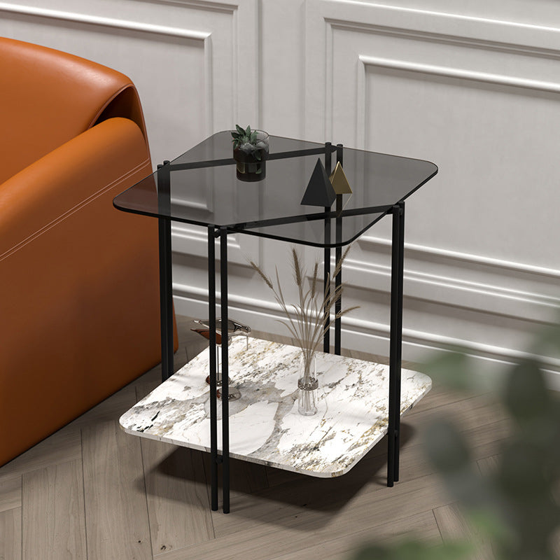 Modern Square Glass Side Table 23.62" Tall 4 Legs Shelf Included End Table