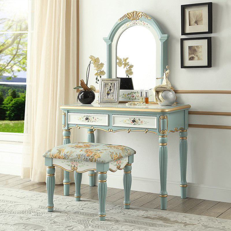 Victorian Wood Vanity Set with Stool and Mirror in Antique Oak Vanity
