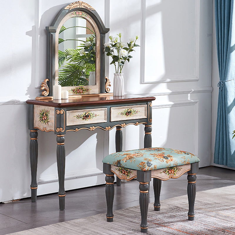 Victorian Wood Vanity Set with Stool and Mirror in Antique Oak Vanity