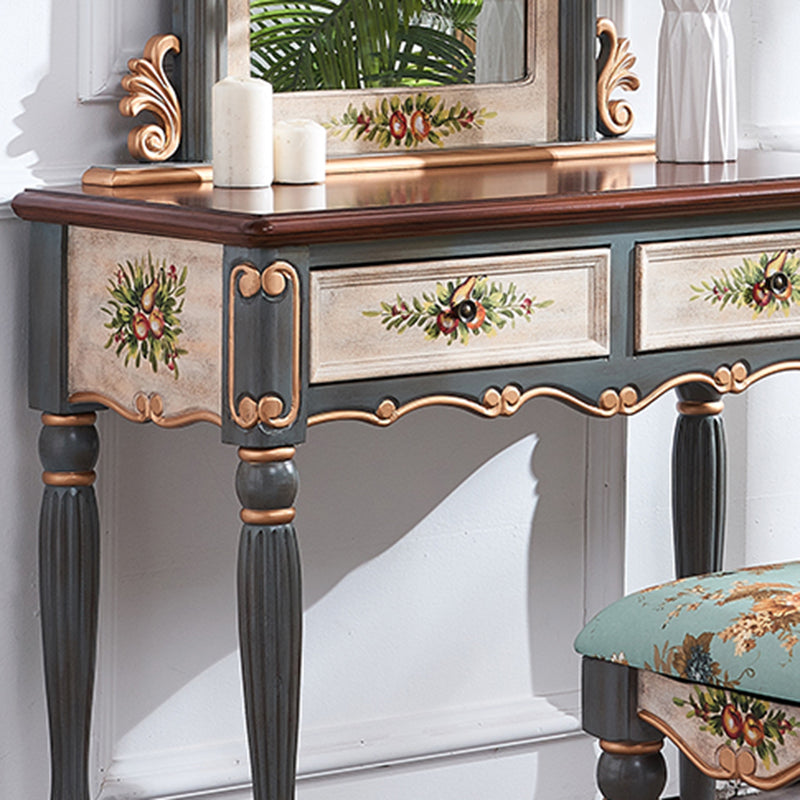Victorian Wood Vanity Set with Stool and Mirror in Antique Oak Vanity
