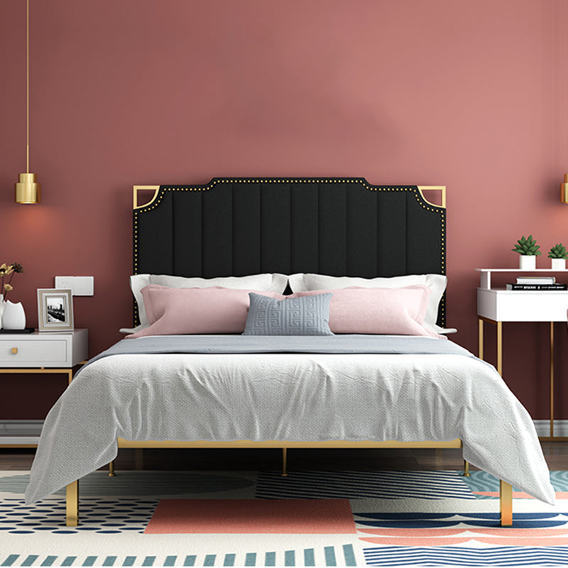 Nailhead Upholstered Bed with Headboard Metal Bed Frame in Gold