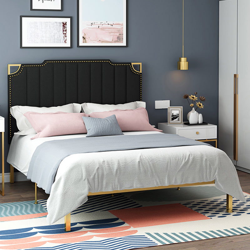 Nailhead Upholstered Bed with Headboard Metal Bed Frame in Gold