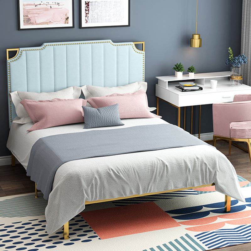 Nailhead Upholstered Bed with Headboard Metal Bed Frame in Gold