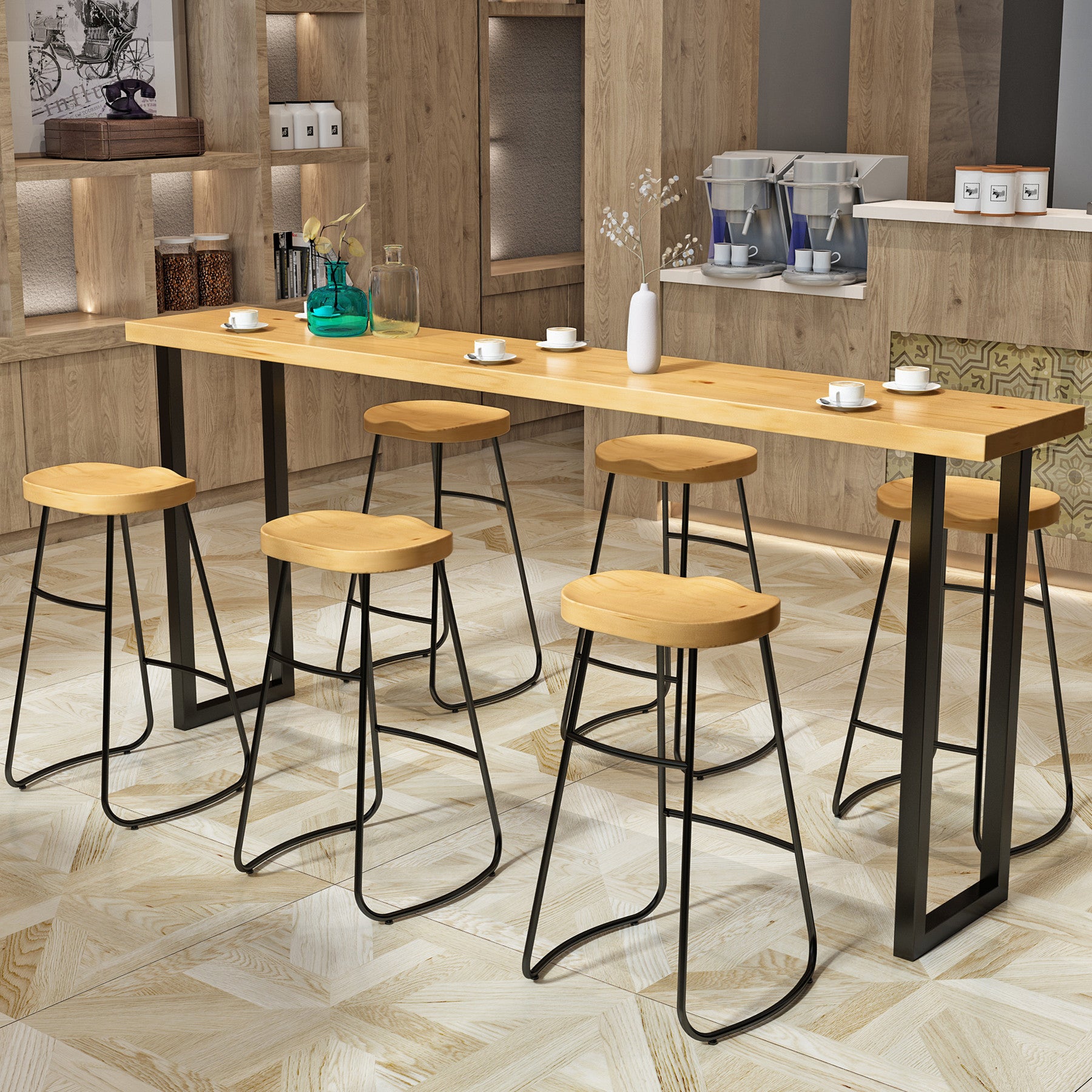 Modern 1/7 Pieces Bar Table Set Rectangle Pine Wood Counter Table with High Stools