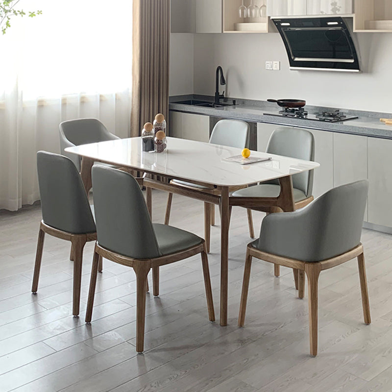 White Stone Top Table Mid-Century Modern Table with 4 Wood Legs