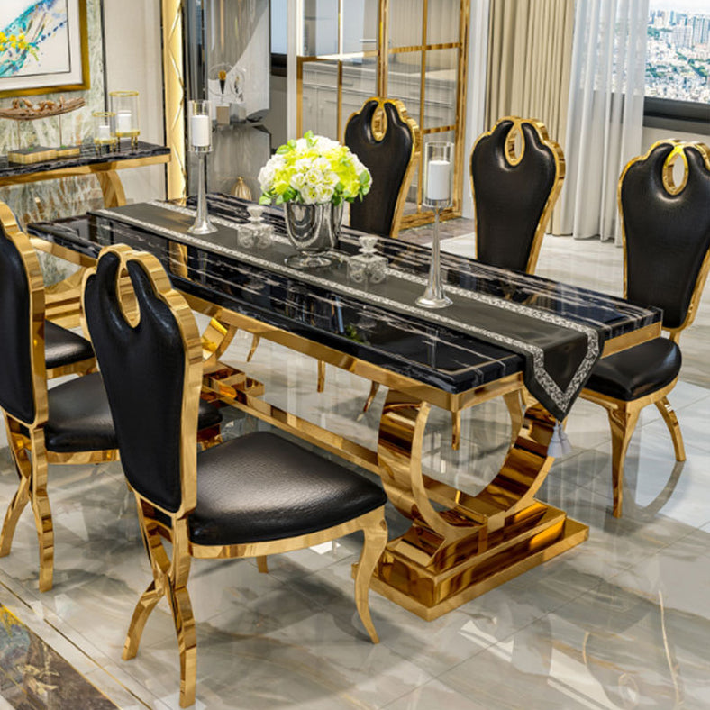 Stainless Steel Traditional Luxury Rectangle Table Marble Top Table with Trestle Base
