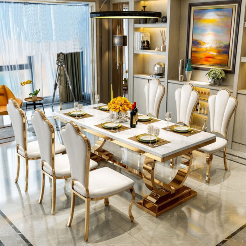 Stainless Steel Traditional Luxury Rectangle Table Marble Top Table with Trestle Base