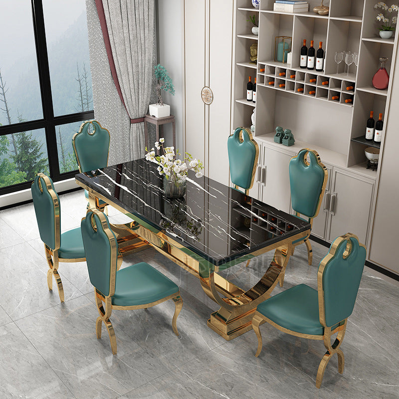 Stainless Steel Traditional Luxury Rectangle Table Marble Top Table with Trestle Base