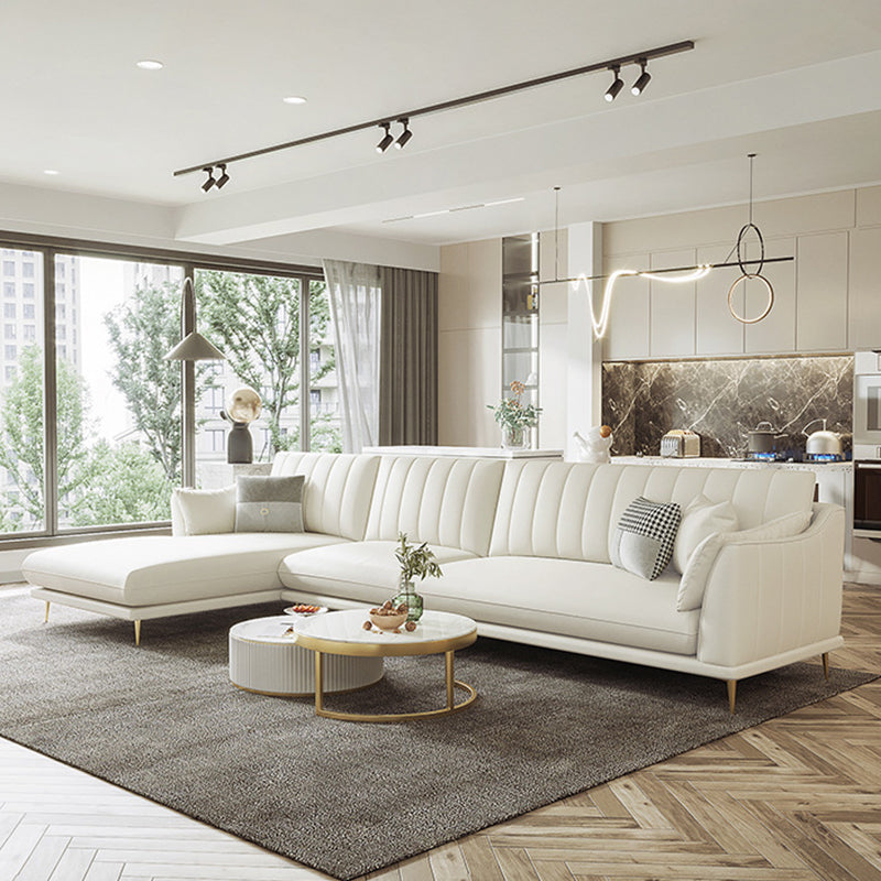 Sloped Arm Sofa with Chaise in White Sewn Pillow Back Faux Leather Sofa - 68.9" D
