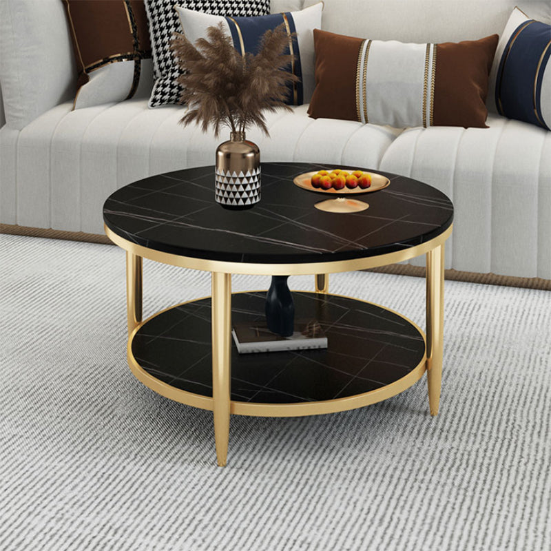 Glam Style Round Slate Table Plate Metal 4 Leg Base with Storage Rack Coffee Table