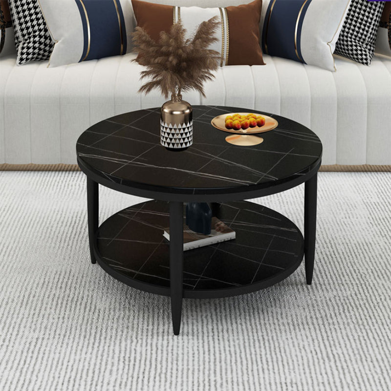 Glam Style Round Slate Table Plate Metal 4 Leg Base with Storage Rack Coffee Table
