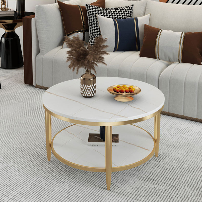 Glam Style Round Slate Table Plate Metal 4 Leg Base with Storage Rack Coffee Table