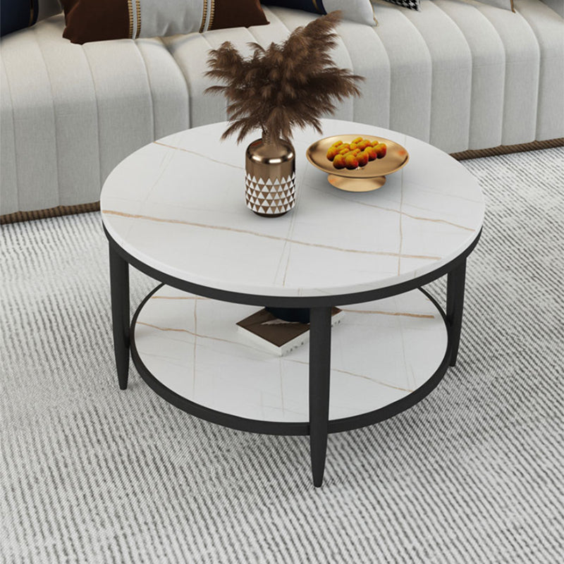 Glam Style Round Slate Table Plate Metal 4 Leg Base with Storage Rack Coffee Table