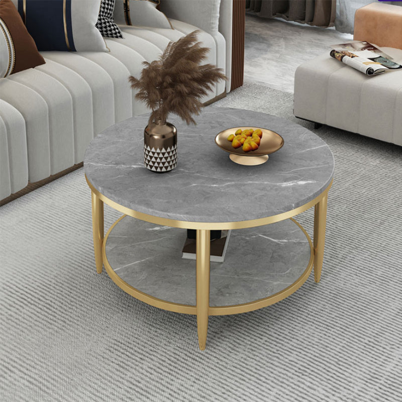 Glam Style Round Slate Table Plate Metal 4 Leg Base with Storage Rack Coffee Table