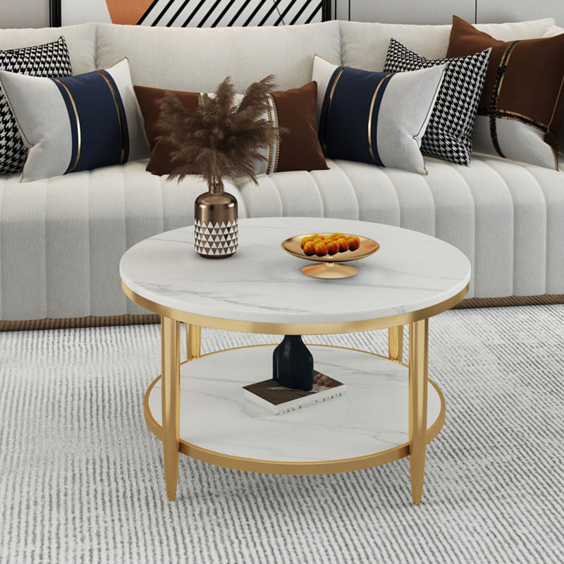 Glam Style Round Slate Table Plate Metal 4 Leg Base with Storage Rack Coffee Table