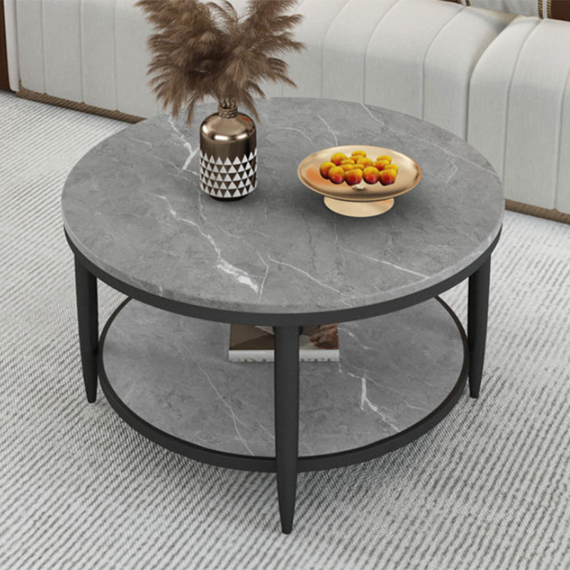 Glam Style Round Slate Table Plate Metal 4 Leg Base with Storage Rack Coffee Table