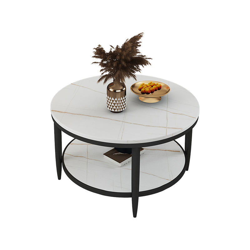 Glam Style Round Slate Table Plate Metal 4 Leg Base with Storage Rack Coffee Table