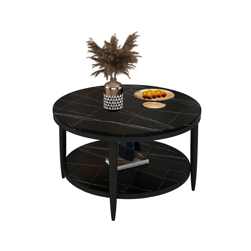 Glam Style Round Slate Table Plate Metal 4 Leg Base with Storage Rack Coffee Table